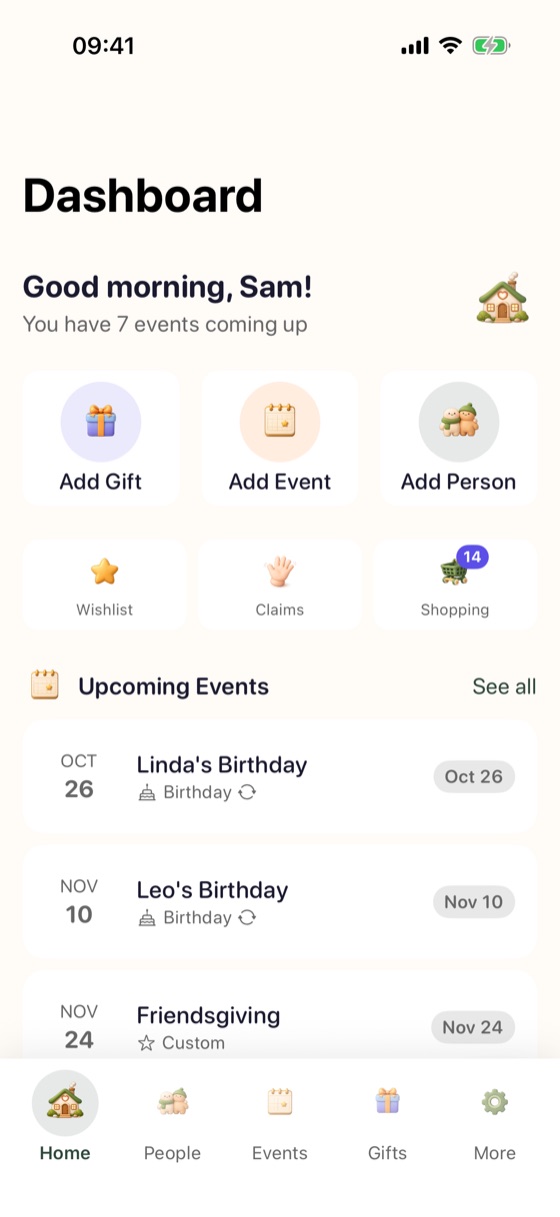 Presently home screen with upcoming birthdays